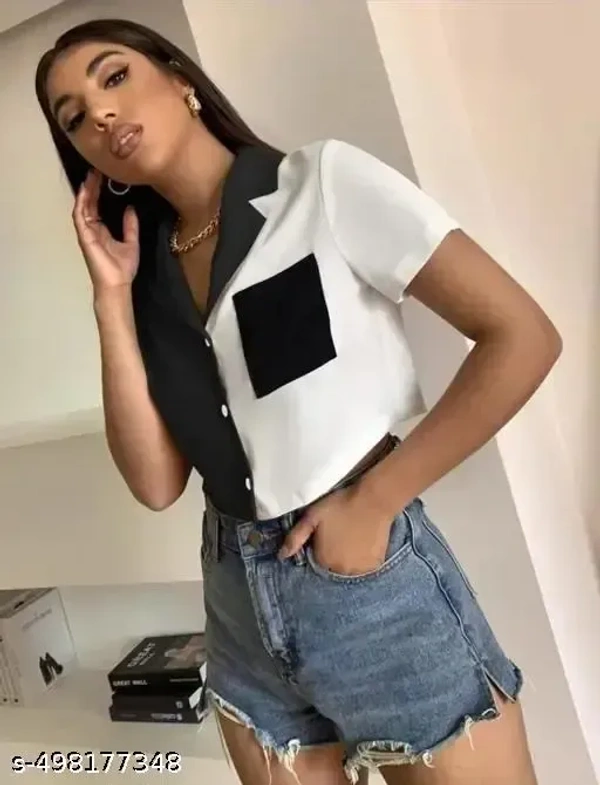 Name : Women Shirt Style Top  Fabric : Crepe  Sleeve Length : Short Sleeves  Pattern : Colorblocked - XS (Bust Size : 34 in, Length Size: 18 in)  S (Bust Size : 36 in, Length Size: 18 in)  M (Bust Size : 38 in, Length Size: 18 in)  L (Bust Size : 40 in, Length Size: 18 in)  XL (Bust Size : 40 in, Length Size: 18 in), BLACK AND WHITE