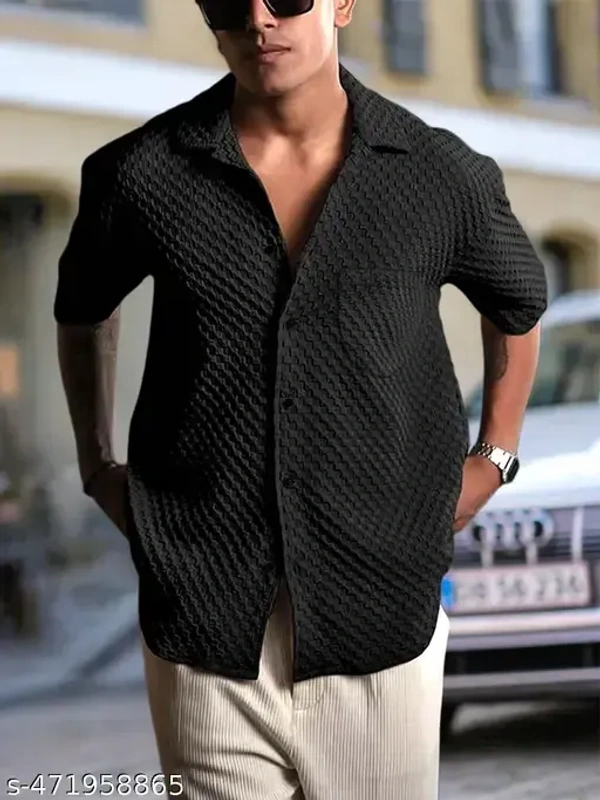 Name : Premium Popcron Shirt For Men  Fabric : Popcorn  Sleeve Length : Short Sleeves  Pattern : Self-Design - M (Chest Size : 40 in, Length Size: 28 in)  L (Chest Size : 42 in, Length Size: 28.5 in)  XL (Chest Size : 44 in, Length Size: 29 in)  XXL (Chest Size : 46 in, Length Size: 30.5 in), Black