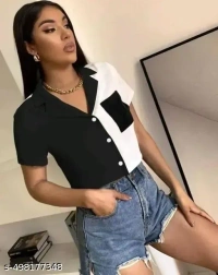 Name : Women Shirt Style Top  Fabric : Crepe  Sleeve Length : Short Sleeves  Pattern : Colorblocked - XS (Bust Size : 34 in, Length Size: 18 in)  S (Bust Size : 36 in, Length Size: 18 in)  M (Bust Size : 38 in, Length Size: 18 in)  L (Bust Size : 40 in, Length Size: 18 in)  XL (Bust Size : 40 in, Length Size: 18 in), BLACK AND WHITE