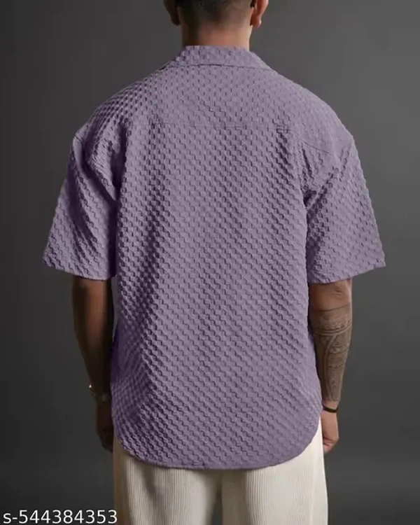 Name : Premium Shirt For Men  Fabric : Popcorn  Sleeve Length : Short Sleeves  Pattern : Self-Design - M (Chest Size : 38 in, Length Size: 26.5 in)  L (Chest Size : 40 in, Length Size: 27 in)  XL (Chest Size : 42 in, Length Size: 27.5 in), Lilac