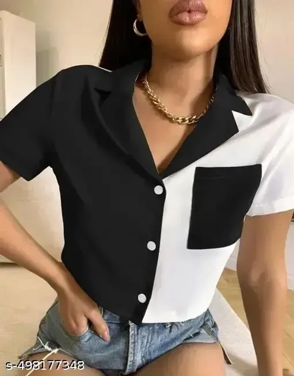 Name : Women Shirt Style Top  Fabric : Crepe  Sleeve Length : Short Sleeves  Pattern : Colorblocked - XS (Bust Size : 34 in, Length Size: 18 in)  S (Bust Size : 36 in, Length Size: 18 in)  M (Bust Size : 38 in, Length Size: 18 in)  L (Bust Size : 40 in, Length Size: 18 in)  XL (Bust Size : 40 in, Length Size: 18 in), BLACK AND WHITE