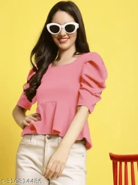 Name : Women Square Neck Puff Sleeves Peplum Top (Women Top | Women Tops | Top)  Fabric : Polyester  Sleeve Length : Short Sleeves  Pattern : Solid - S (Bust Size : 32 in, Length Size: 20 in)  M (Bust Size : 34 in, Length Size: 20 in)  L (Bust Size : 36 in, Length Size: 21 in)  XL (Bust Size : 38 in, Length Size: 21 in), Pink