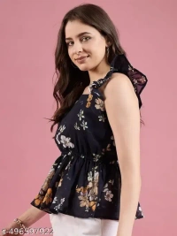 Name : Femvy designer polyster top for women  Fabric : Polyester  Sleeve Length : Short Sleeves  Pattern : Printed - XS (Bust Size : 34 in, Length Size: 26 in), Deep Cove
