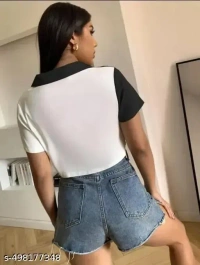 Name : Women Shirt Style Top  Fabric : Crepe  Sleeve Length : Short Sleeves  Pattern : Colorblocked - XS (Bust Size : 34 in, Length Size: 18 in)  S (Bust Size : 36 in, Length Size: 18 in)  M (Bust Size : 38 in, Length Size: 18 in)  L (Bust Size : 40 in, Length Size: 18 in)  XL (Bust Size : 40 in, Length Size: 18 in), BLACK AND WHITE