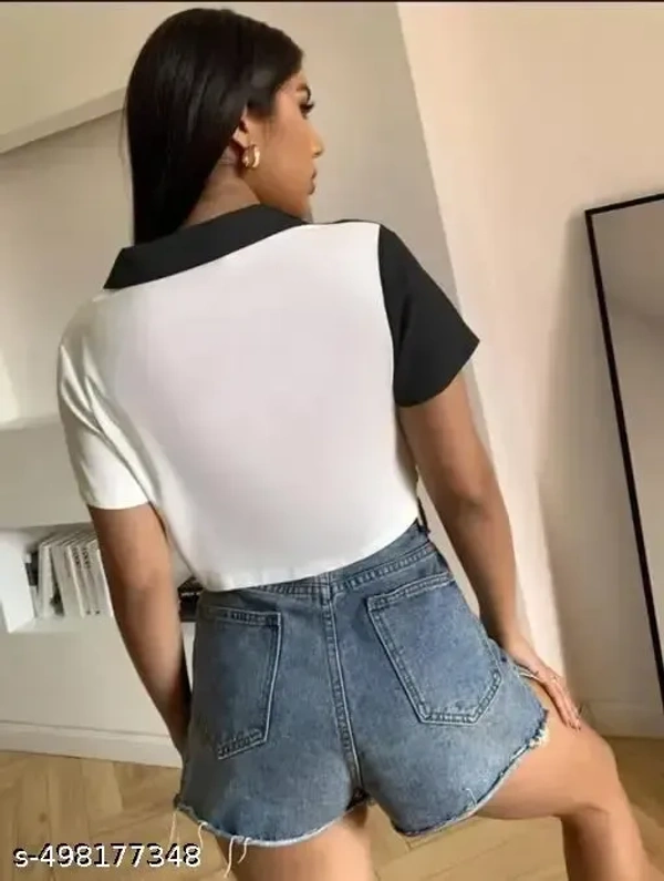 Name : Women Shirt Style Top  Fabric : Crepe  Sleeve Length : Short Sleeves  Pattern : Colorblocked - XS (Bust Size : 34 in, Length Size: 18 in)  S (Bust Size : 36 in, Length Size: 18 in)  M (Bust Size : 38 in, Length Size: 18 in)  L (Bust Size : 40 in, Length Size: 18 in)  XL (Bust Size : 40 in, Length Size: 18 in), BLACK AND WHITE