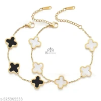 Name : Flower Bracelet - Two Side Wear Premium Quality New Trend004  Base Metal : Stainless Steel  Plating : Gold Plated  Stone Type : No Stone  Sizing : Adjustable  Type : Link - FREE SIZE, WHITE