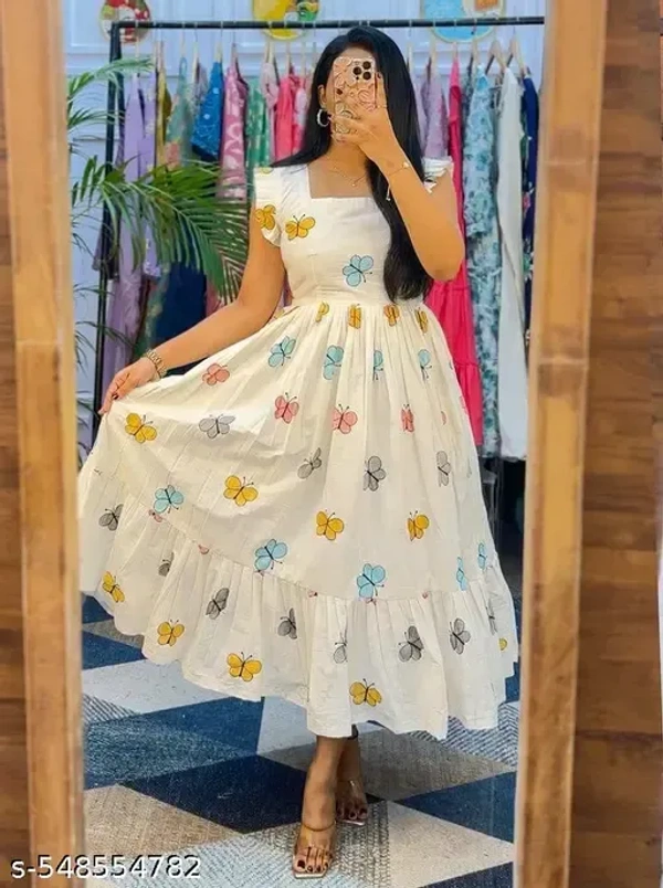 Name : Trendy White Printed Flared One-Piece Dress for Women – Stylish & Comfortable for Casual Wear  Fabric : Poly Blend  Sleeve Length : Sleeveless  Pattern : Printed - XS (Bust Size : 34 in, Length Size: 44 in)  S (Bust Size : 36 in, Length Size: 44 in)  M (Bust Size : 38 in, Length Size: 44 in)  L (Bust Size : 40 in, Length Size: 44 in)  XL (Bust Size : 42 in, Length Size: 44 in)  XXL (Bust Size : 44 in, Length Size: 44 in), Soapstone