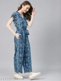 Name : Women Blue Self Design Tie-Dye Printed Rayon Jumpsuit One-Piece Dress | Trendy and Comfortable Outfit for the Party, Office or Causal Wear  Fabric : Rayon  Sleeve Length : Short Sleeves  Pattern : Printed - S (Bust Size : 36 in, Length Size: 50 in, Waist Size: 34 in)  L (Bust Size : 40 in, Length Size: 50 in, Waist Size: 38 in)  XL (Bust Size : 42 in, Length Size: 50 in, Waist Size: 40 in)  XXL (Bust Size : 44 in, Length Size: 50 in, Waist Size: 42 in), Mariner