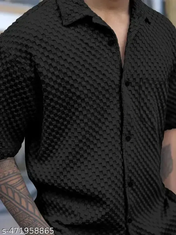 Name : Premium Popcron Shirt For Men  Fabric : Popcorn  Sleeve Length : Short Sleeves  Pattern : Self-Design - M (Chest Size : 40 in, Length Size: 28 in)  L (Chest Size : 42 in, Length Size: 28.5 in)  XL (Chest Size : 44 in, Length Size: 29 in)  XXL (Chest Size : 46 in, Length Size: 30.5 in), Black
