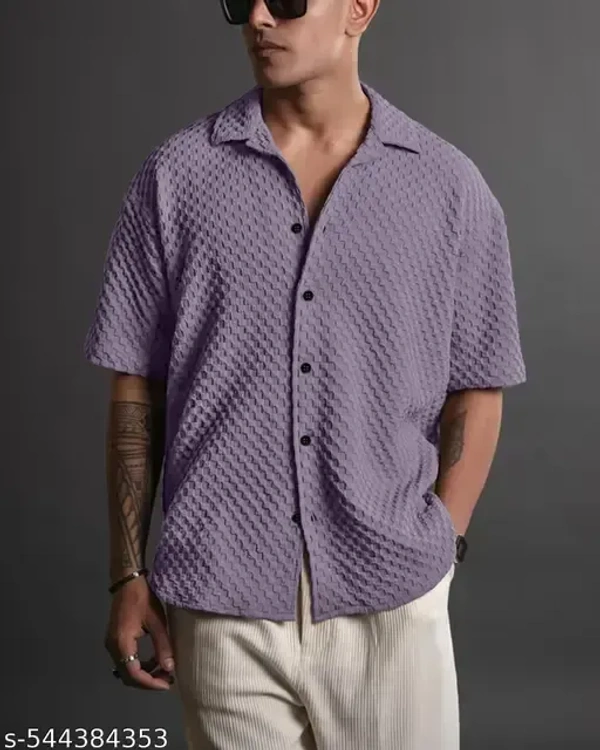 Name : Premium Shirt For Men  Fabric : Popcorn  Sleeve Length : Short Sleeves  Pattern : Self-Design - M (Chest Size : 38 in, Length Size: 26.5 in)  L (Chest Size : 40 in, Length Size: 27 in)  XL (Chest Size : 42 in, Length Size: 27.5 in), Lilac