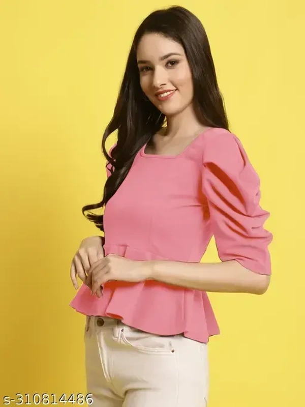 Name : Women Square Neck Puff Sleeves Peplum Top (Women Top | Women Tops | Top)  Fabric : Polyester  Sleeve Length : Short Sleeves  Pattern : Solid - S (Bust Size : 32 in, Length Size: 20 in)  M (Bust Size : 34 in, Length Size: 20 in)  L (Bust Size : 36 in, Length Size: 21 in)  XL (Bust Size : 38 in, Length Size: 21 in), Pink