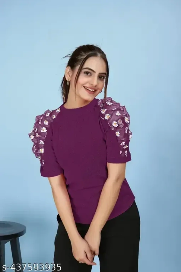 Name : Women's Solid Regular Fit Polyester Puff Sleeve Casual Top | Round-Neck Cuffed Sleeves Top | Classic Trendy Stylish Cotton Blend Top for Women & Girl's  Fabric : Lycra  Sleeve Length : Short Sleeves  Pattern : Printed - XS (Bust Size : 34 in, Length Size: 24 in)  S (Bust Size : 36 in, Length Size: 24 in)  M (Bust Size : 38 in, Length Size: 24 in)  L (Bust Size : 40 in, Length Size: 24 in)  XL (Bust Size : 42 in, Length Size: 24 in)  XXL (Bust Size : 44 in, Length Size: 24 in), Jacaranda