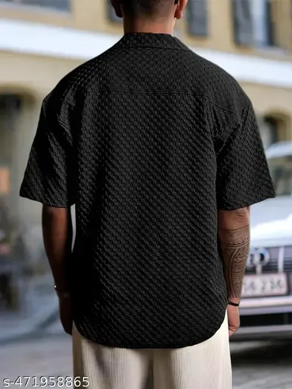 Name : Premium Popcron Shirt For Men  Fabric : Popcorn  Sleeve Length : Short Sleeves  Pattern : Self-Design - M (Chest Size : 40 in, Length Size: 28 in)  L (Chest Size : 42 in, Length Size: 28.5 in)  XL (Chest Size : 44 in, Length Size: 29 in)  XXL (Chest Size : 46 in, Length Size: 30.5 in), Black