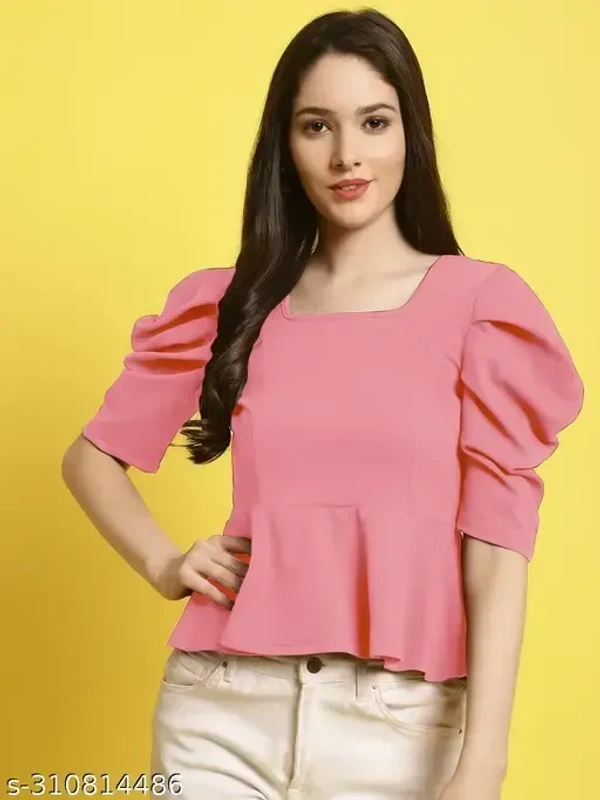 Name : Women Square Neck Puff Sleeves Peplum Top (Women Top | Women Tops | Top)  Fabric : Polyester  Sleeve Length : Short Sleeves  Pattern : Solid - S (Bust Size : 32 in, Length Size: 20 in)  M (Bust Size : 34 in, Length Size: 20 in)  L (Bust Size : 36 in, Length Size: 21 in)  XL (Bust Size : 38 in, Length Size: 21 in), Pink