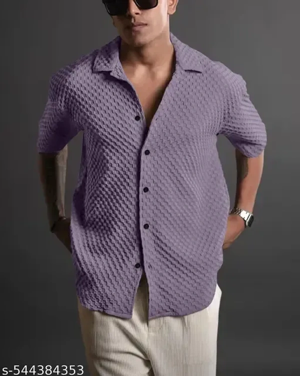 Name : Premium Shirt For Men  Fabric : Popcorn  Sleeve Length : Short Sleeves  Pattern : Self-Design - M (Chest Size : 38 in, Length Size: 26.5 in)  L (Chest Size : 40 in, Length Size: 27 in)  XL (Chest Size : 42 in, Length Size: 27.5 in), Lilac