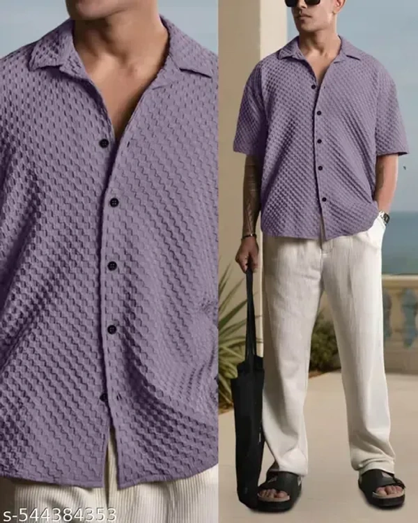 Name : Premium Shirt For Men  Fabric : Popcorn  Sleeve Length : Short Sleeves  Pattern : Self-Design - M (Chest Size : 38 in, Length Size: 26.5 in)  L (Chest Size : 40 in, Length Size: 27 in)  XL (Chest Size : 42 in, Length Size: 27.5 in), Lilac