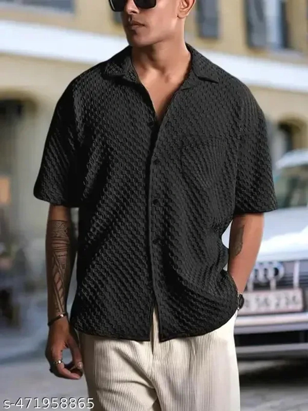 Name : Premium Popcron Shirt For Men  Fabric : Popcorn  Sleeve Length : Short Sleeves  Pattern : Self-Design - M (Chest Size : 40 in, Length Size: 28 in)  L (Chest Size : 42 in, Length Size: 28.5 in)  XL (Chest Size : 44 in, Length Size: 29 in)  XXL (Chest Size : 46 in, Length Size: 30.5 in), Black