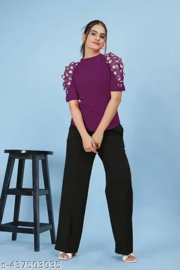 Name : Women's Solid Regular Fit Polyester Puff Sleeve Casual Top | Round-Neck Cuffed Sleeves Top | Classic Trendy Stylish Cotton Blend Top for Women & Girl's  Fabric : Lycra  Sleeve Length : Short Sleeves  Pattern : Printed - XS (Bust Size : 34 in, Length Size: 24 in)  S (Bust Size : 36 in, Length Size: 24 in)  M (Bust Size : 38 in, Length Size: 24 in)  L (Bust Size : 40 in, Length Size: 24 in)  XL (Bust Size : 42 in, Length Size: 24 in)  XXL (Bust Size : 44 in, Length Size: 24 in), Jacaranda