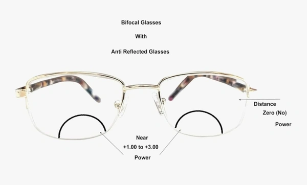 Golden half ring frame - 50.MM, GOLDN, +1.00 and +3.00 K.T. blue cat lens
