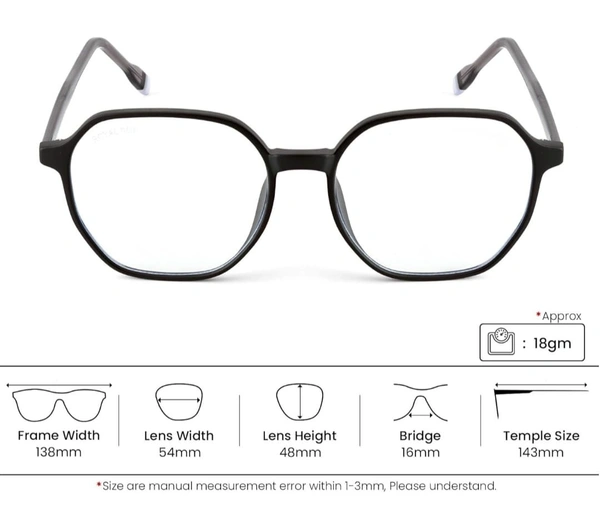 Hexagonal frame - 54.mm, Black, 0.00 and-6.00 sph blue cat lens