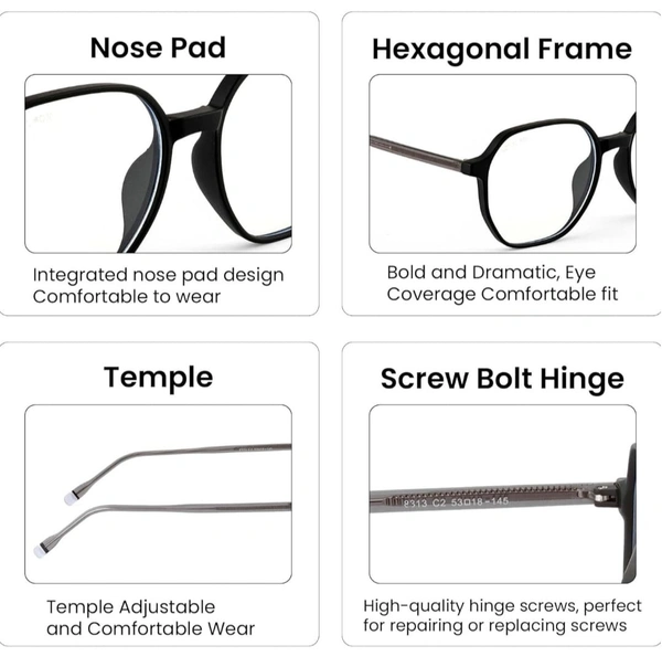 Hexagonal frame - 54.mm, Black, 0.00 and-6.00 sph blue cat lens