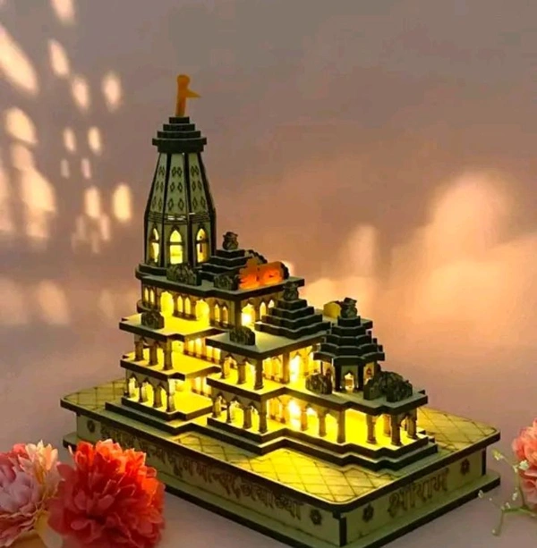 Ram Mandir Ayodhya Wooden Temple Model 6 Inches Decorative Statue Ideal for Home Décor and Gifting with LED (L-15cm, B-9cm, H-17cm)