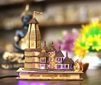 Ram Mandir Ayodhya Wooden Temple Model 6 Inches Decorative Statue Ideal for Home Décor and Gifting with LED (L-15cm, B-9cm, H-17cm)