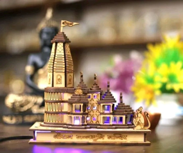Ram Mandir Ayodhya Wooden Temple Model 6 Inches Decorative Statue Ideal for Home Décor and Gifting with LED (L-15cm, B-9cm, H-17cm)