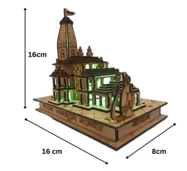 Ram Mandir Ayodhya Wooden Temple Model 6 Inches Decorative Statue Ideal for Home Décor and Gifting with LED (L-15cm, B-9cm, H-17cm)