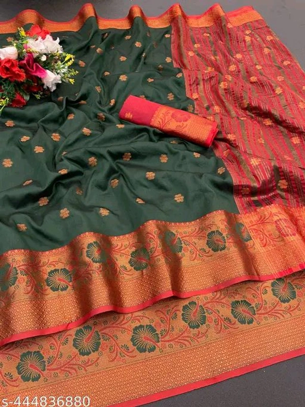 Kanjeevaram Silk Saree, Seperate Blouse - Green, Free Size