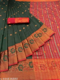 Kanjeevaram Silk Saree, Seperate Blouse - Green, Free Size
