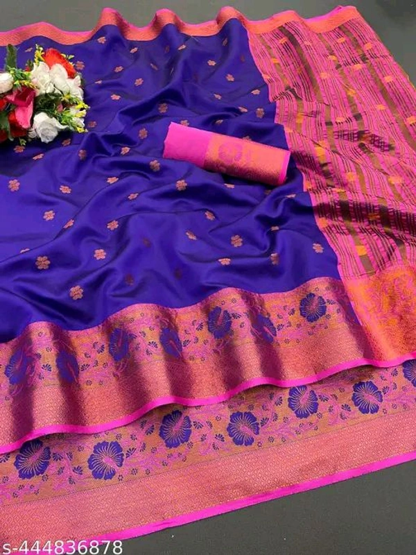 Kanjeevaram Silk Saree, Seperate Blouse - Dark Blue, Free Size