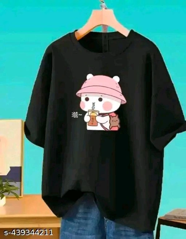 Trendy Black Oversized Cartoon Print T-Shirt for Women – Cute Bubble Tea Design - Black, XL