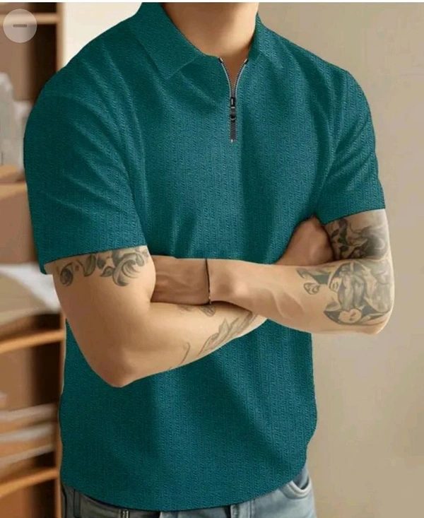 Men's Stylish Half Sleeve Zipper Polo T-Shirt – Black Textured Design - beige, L