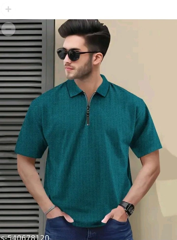 Men's Stylish Half Sleeve Zipper Polo T-Shirt – Black Textured Design - beige, L