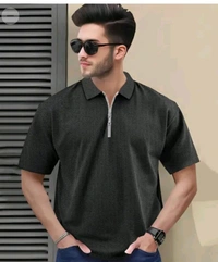 Men's Stylish Half Sleeve Zipper Polo T-Shirt – Black Textured Design - beige, L