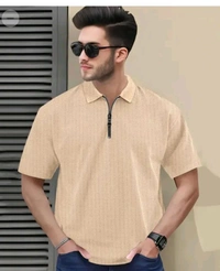 Men's Stylish Half Sleeve Zipper Polo T-Shirt – Black Textured Design - beige, L