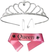 DECOFY Birthday Sash & Crown Set Anniversary Sash | Princess Queen Tiara Crowns Taj HairBand For Kids Girls & Womens (3 Pc Set- With Pin 