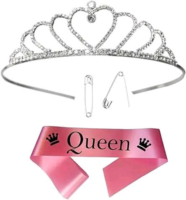 DECOFY Birthday Sash & Crown Set Anniversary Sash | Princess Queen Tiara Crowns Taj HairBand For Kids Girls & Womens (3 Pc Set- With Pin 