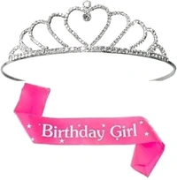 DECOFY Birthday Sash & Crown Set Anniversary Sash | Princess Queen Tiara Crowns Taj HairBand For Kids Girls & Womens (3 Pc Set- With Pin 