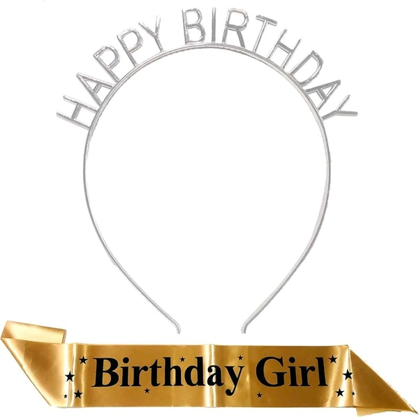 CURATED CART Happy Birthday Silver Headband and Golden Birthday Girl Satin Sash Set - Party Accessories for Women and Girls, Perfect for Celebrations and Milestone Events

