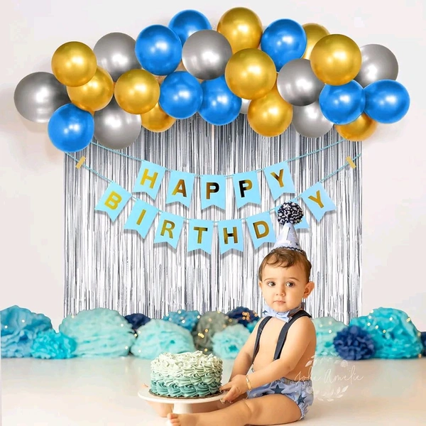 Party Propz Happy Birthday Decoration Kit - 53 Pcs Birthday Decoration Items For Boys With Silver Foil Curtain,Happy Birthday Banner(Cardstock) With Ribbon,Multicolour Metallic Balloons