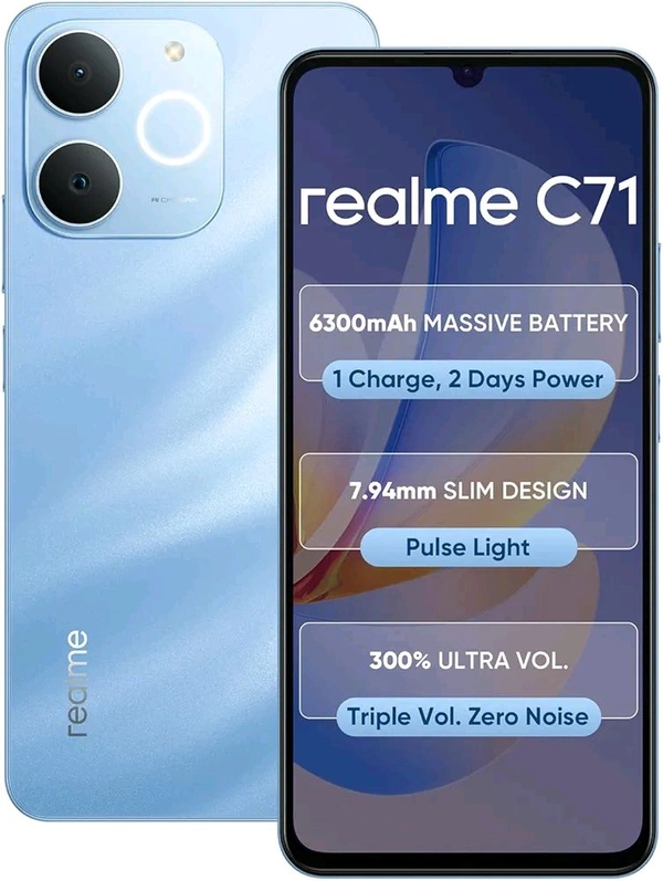 realme C71 4G Smartphone 6GB+128GB Blue, 6.745 inch Screen, 90Hz Eye Comfort Display, 6300mAh Battery, 37MP Cameras, Unisoc T7250 Chip, IP54
Colour: Sea Blue