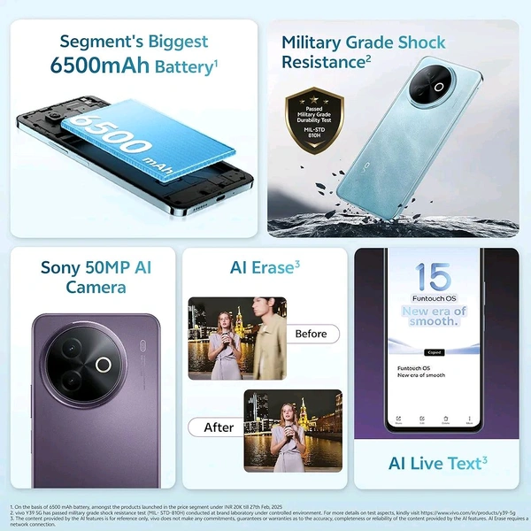Vivo Y39 5G (Lotus Purple, 8GB RAM, 256GB Storage) with No Cost EMI/Additional Exchange Offers
Amazon's Choice
for "vivo y 39"
