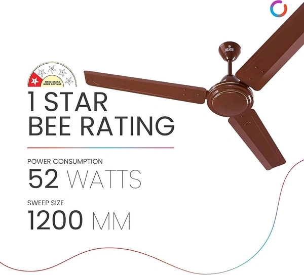 Polycab Nippy 1200mm Star Rated, High Speed & High Air Delivery Ceiling Fan For Home | 100% Copper | Rust-Proof Blades, 52 Watt | 2 years warranty (Luster Brown)


