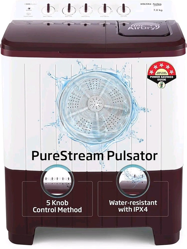 Voltas Beko, A Tata Product 7 Kg 5 Star Semi-automatic Top Load Washing Machine with PureStream Pulsator Wash Technology (WTT70UHA/OK5R0R0W01, Burgundy, 5 Knob Control Method)
100+ bought in past month