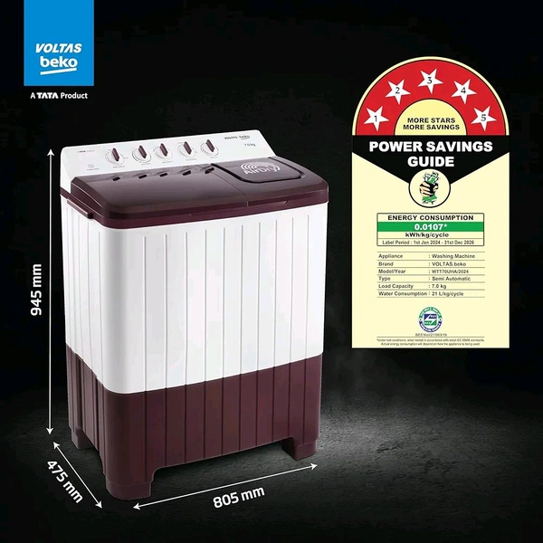 Voltas Beko, A Tata Product 7 Kg 5 Star Semi-automatic Top Load Washing Machine with PureStream Pulsator Wash Technology (WTT70UHA/OK5R0R0W01, Burgundy, 5 Knob Control Method)
100+ bought in past month