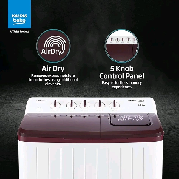 Voltas Beko, A Tata Product 7 Kg 5 Star Semi-automatic Top Load Washing Machine with PureStream Pulsator Wash Technology (WTT70UHA/OK5R0R0W01, Burgundy, 5 Knob Control Method)
100+ bought in past month