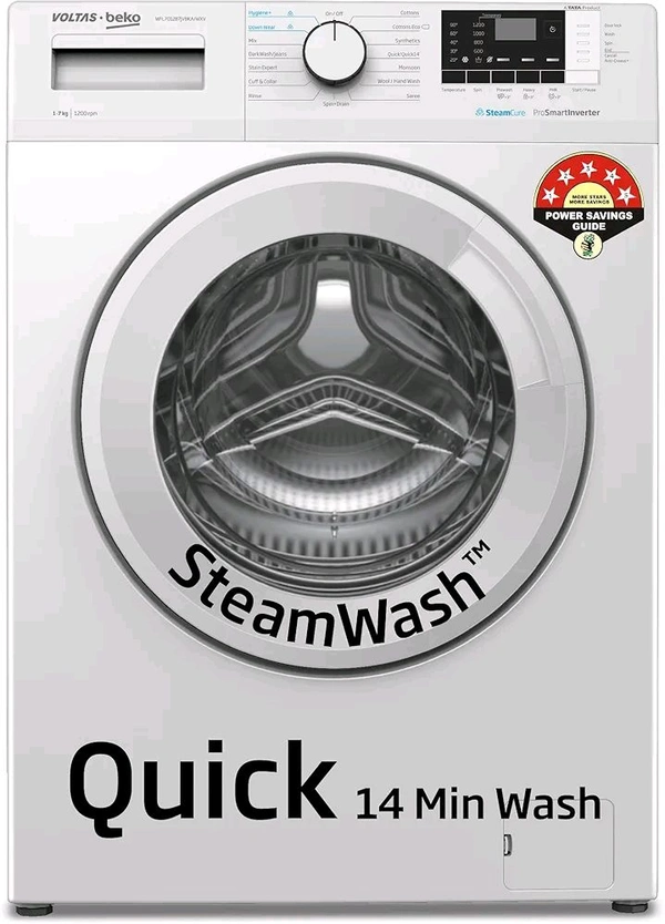 Voltas Beko, A Tata Product 7 Kg 5 Star Inverter, Quick 14-Min Wash Fully Automatic Front Load Washing Machine (WFL7012B7JVBKA/WXV, White, Inbuilt Heater/Hygiene Steam/Digital Display)