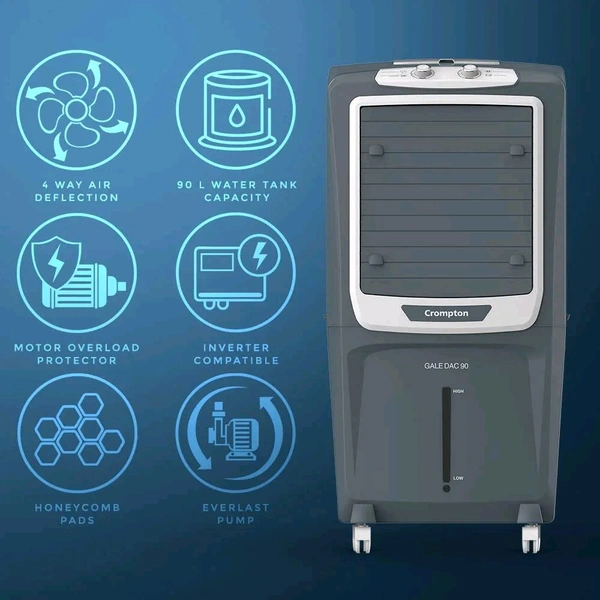 Burly Pride 60 Ltr Desert Portable Cooler With Anti Bacterial High Density Honeycomb, Auto Refill With Auto Swing And 3 Speed Control And Low Power Consumption, Castor Wheel- Grey (60 L)
